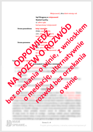 Odpowiedź na pozew o rozwód bez orzekania o winie z wnioskiem o mediację alternatywnie rozwód bez orzekania o winie