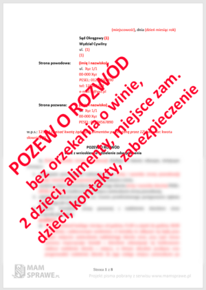 Pozew o rozwód bez orzekania o winie - 2 małoletnie dzieci, alimenty, kontakty, stałe miejsce zamieszkania dziecka, z zabezpieczeniem