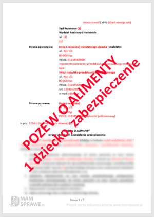 Pozew o alimenty - 1 małoletnie dziecko z wnioskiem o zabezpieczenie
