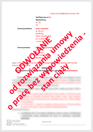 Odwołanie od rozwiązania umowy o pracę bez wypowiedzenia - stan ciąży